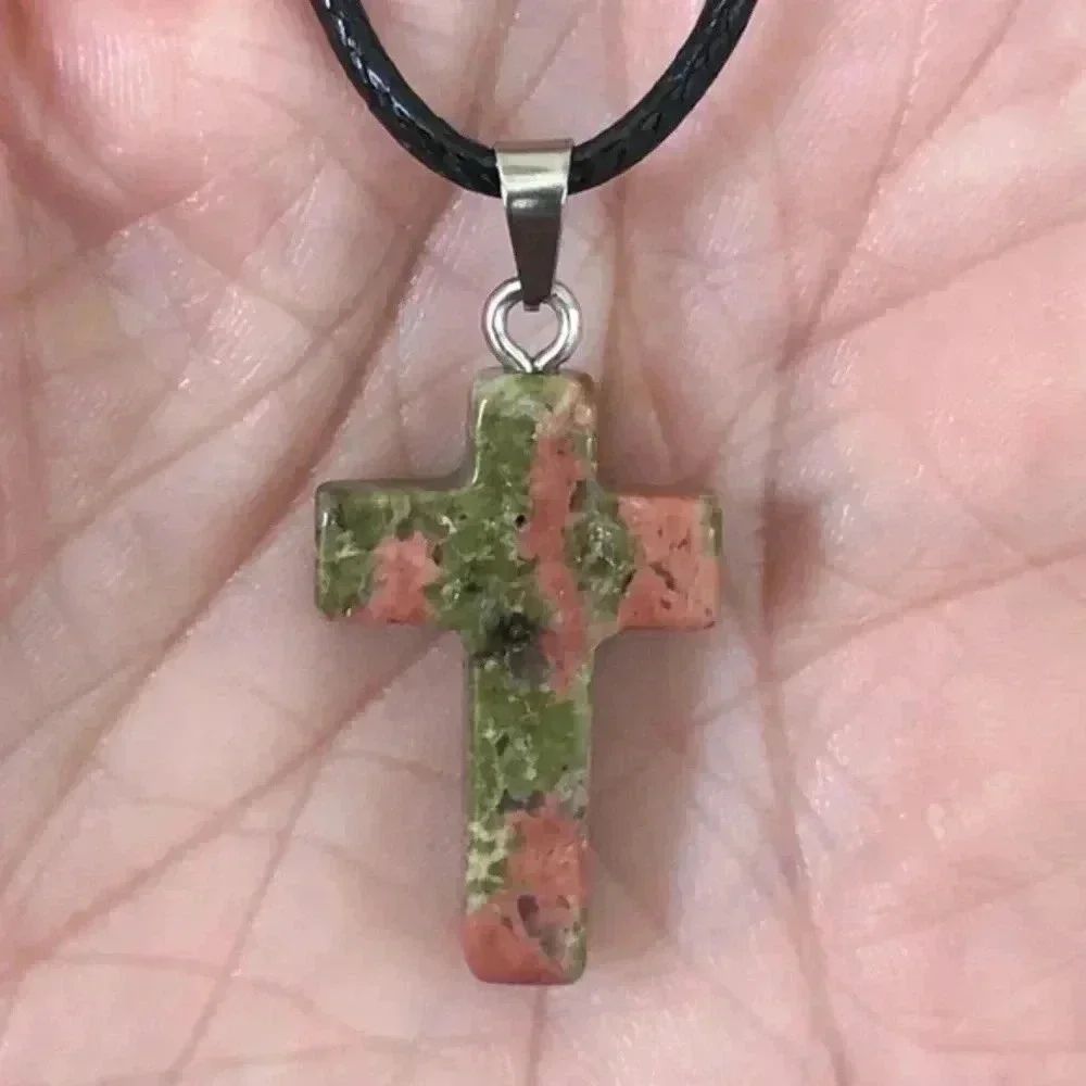 Unakite  Cross Natural Braided Stainless Steel Necklace NWT